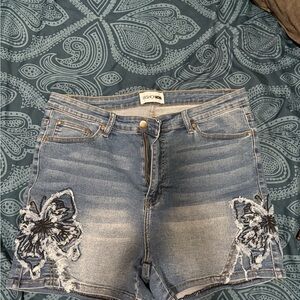 Fashion Nova Blue Distressed Denim Shorts with Floral Embroidery